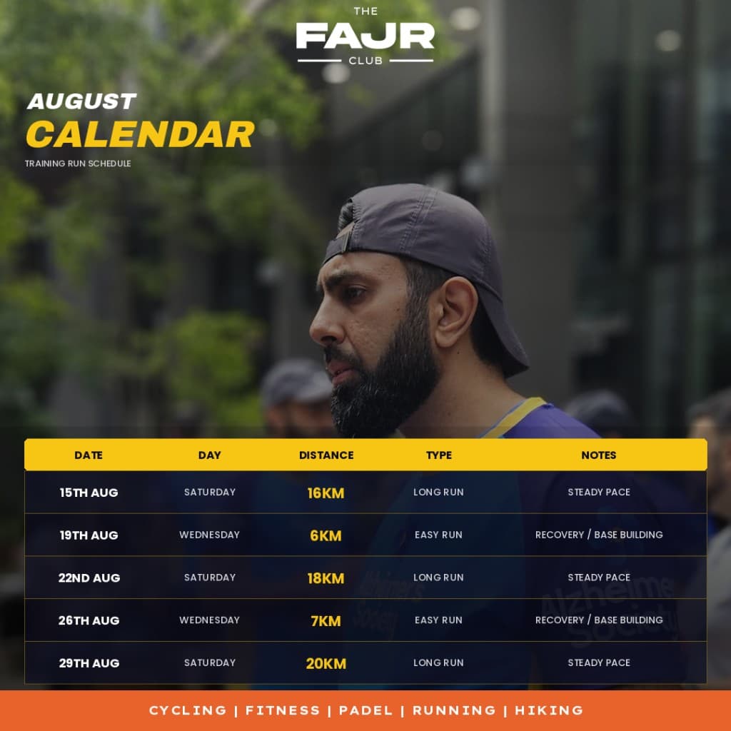 August Training Run — 16K Long Run event poster — The Fajr Club
